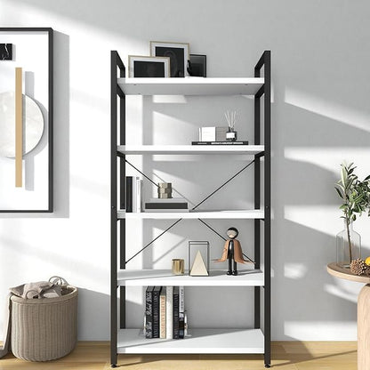 Panana 5 Tier Industrial Rustic Wooden Bookshelves, Vintage Open Wood and Metal Farmhouse Bookshelf Heavy Duty Storage Shelving Unit Rack (White)