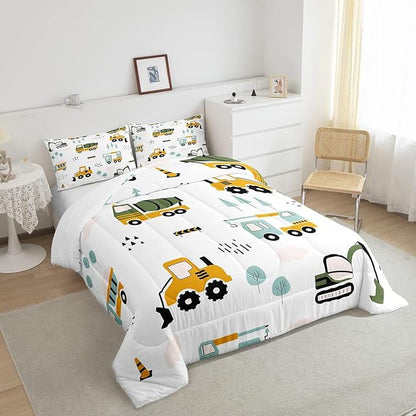 Feelyou Excavator Kids Comforter Construction Trucks Comforter Set for Boys Teens Heavy Vehicles Decor Bedding Set Cartoon Cars Green Orange Quilt Set with 1 Pillowcase 2Pcs Bedding Twin