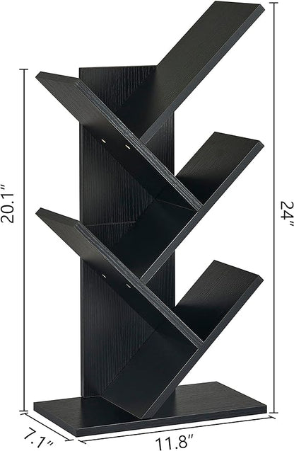 Hoctieon 4 Tier Tree Bookshelf, 4 Shelf Bookcase, Free Standing Tree Bookcase, Display Floor Standing Shelf for Books, Book Organizer Shelves for Home Office, Living Room, Bedroom, Black