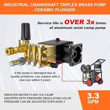 3600PSI Gas Pressure Washer with Hose Reel, 3.3 GPM, One-Button Electric Start 212cc 7HP Commercial Pressure Washer with 50FT 3/8" Hose, Spray Gun & Wand, 5 Quick Connect Nozzles