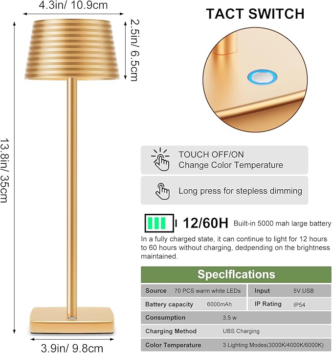 Rechargeable Cordless Table Lamp, Battery 6000mAh Metal Aluminum Housing USB LED Portable Powered Desk Lamp, 3 Levels Brightness Night Light for Restaurants Bars Outdoor (Gold)