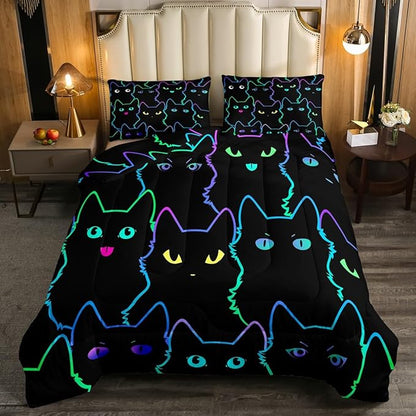 Erosebridal Cute Cat Kids Comforter Neon Rainbow Line Cat King Bedding Set for Boys Girls Teen Cartoon Kawaii Cats Toddler Bed Set Colorful Animals Quilt Set Reversible Black,2 Pillow Cases