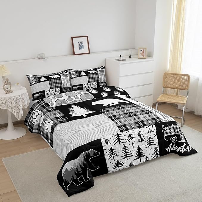 Bear Plaids Comforter Set King Size,Pine Trees Animals Hunting Bedding Set for Kids Boys Girls Adults Room Decor,Adventure Rustic Farmhouse Down Comforter,Black Retro Duvet Insert,2 Pillowcases