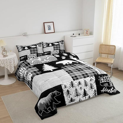 Bear Plaids Comforter Set Queen Size,Pine Trees Animals Hunting Bedding Set for Kids Boys Girls Adults Room Decor,Adventure Rustic Farmhouse Down Comforter,Black Retro Duvet Insert,2 Pillowcases