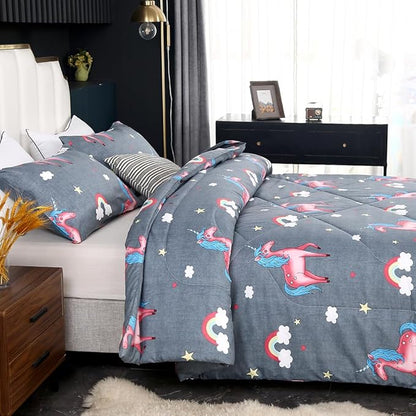 3PCS Gray Unicorn Comforter Set Twin, Bed in a Bag Unicorn Cute Room Decor, Wrinkle and Fade Resistant, Lightweight Twin Size Comforter Set for Boys, Girls Kids and Teens, Twin