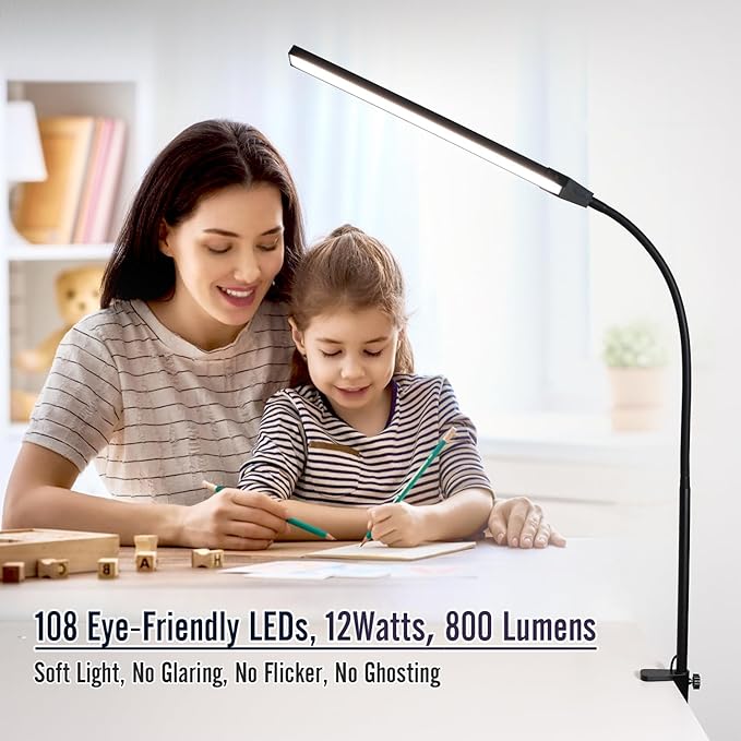 Clamp on Lamp, CeSunligt LED Desk Lamp, 12W, 800 LMS, 3 Color Modes, Multi Brightness Adjustable, Eye-Caring Touch Task Lamp for Reading, Home, Office (Adapter Included)