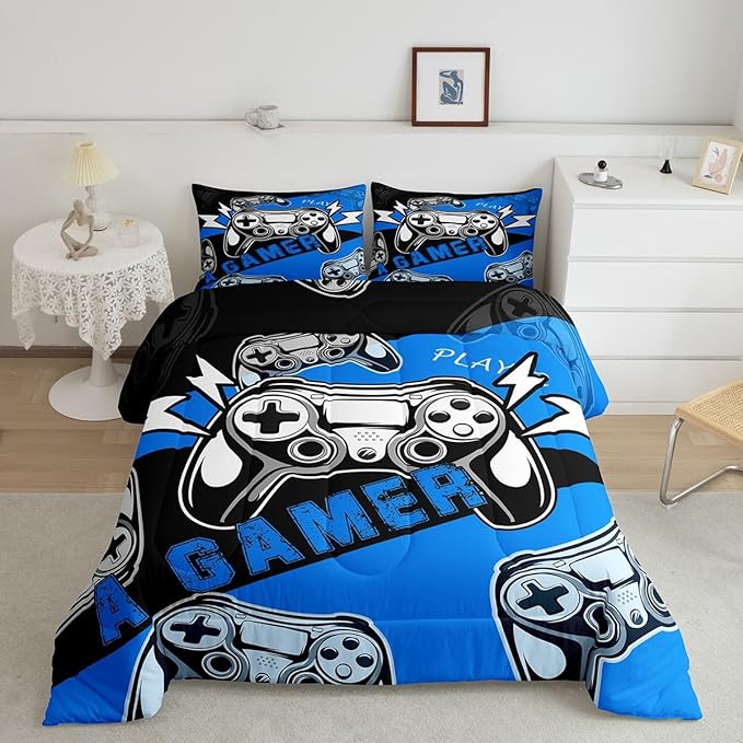 Erosebridal Gaming Comforter Sets for Boys Kids Video Game Comforter Set,Gamer Bedding Set Blue Black Quilt Duvet Set Men Boys Bedroom Decor,King Size 3Pcs