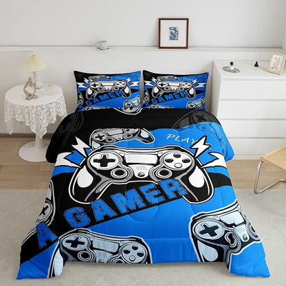 Erosebridal Twin Comforter Set for Boys Girls Kids,Gamer Comforter Sets for Boys Teens Video Game Bedding Set,Gaming Console Comforter Bedroom Decor Blue Black 2Pcs