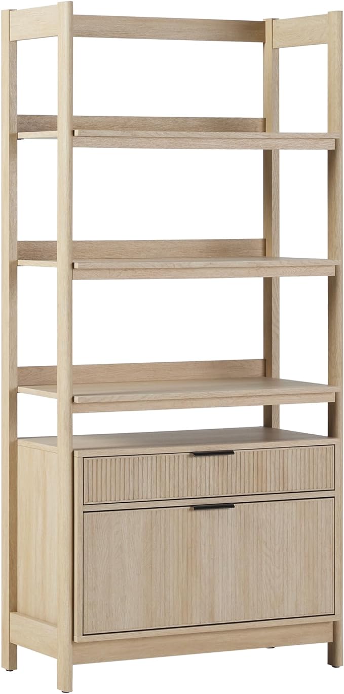 Walker Edison Modern Reeded 4-Shelf Bookshelf Bottom, 33 Inch, Two-Drawer Coastal Oak