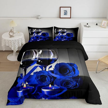Girly 3D Rose Queen Comforter Set for Teens Rose Floral Wine Glass Bedding Sets Bedroom Decor Blue Flowers Down Comforter Couple Valentine's Day Duvet Insert Black Grey Quilted Comforter, 3Pcs