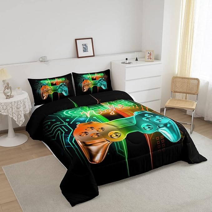 Feelyou Gamer Comforter Kids Gaming Video Game Comforter Set for Boys Teens Noverlty Modern Gamepad Bedding Set Breathable Gamer Console Bedding Duvet Set Bright Orange Green Room Decor Twin Size
