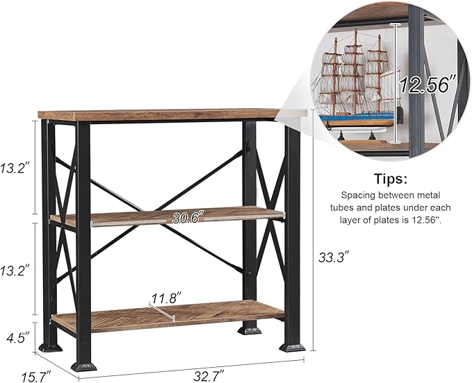 HOMBAZAAR Bookshelf, 3-Tier Industrial Bookshelf, Etagere Bookcases and Bookshelves, Small Bookshelf Storage Organizer, Freestanding Bookshelf for Living Room, Bedroom and Home Office, Brown