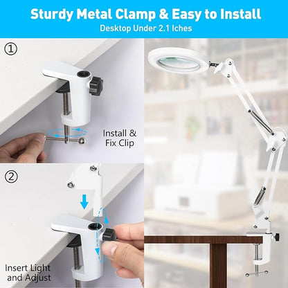 10X Magnifying Glass with Light, Flexible Arm Magnifier Lamp, 3 Color Modes & Stepless Dimming Magnifying Lamp with Clamp, Hands Free Lighted Magnifying Glass for Hobby Craft Workbench-White