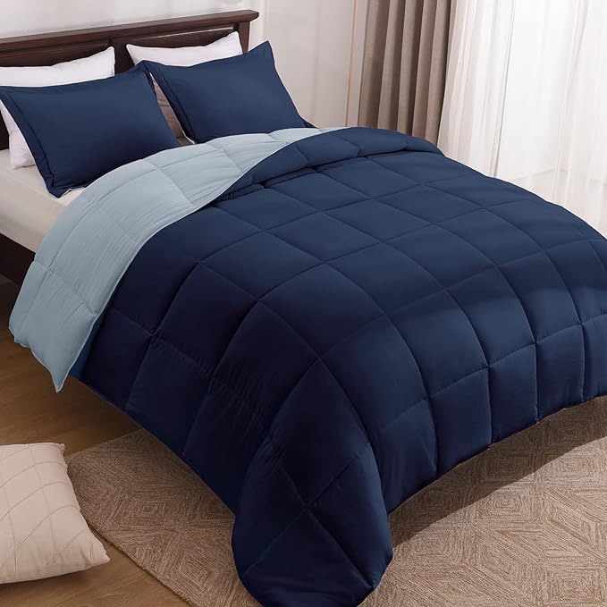 Basic Beyond King Size Comforter Set - Fluffy King Bed Comforter Set for All Seasons - Reversible Blue Comforter Set King - 3 Pieces (1 Comforter + 2 Pillow Shams) - Blue/Sapphire