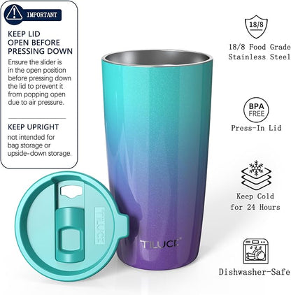 TILUCK 20 oz Insulated Coffee Tumbler with BPA-Free Lid | Travel Coffee Mug, Dishwasher Safe, Cup Holder Friendly,Double-Wall Vacuum Insulation for Hot & Cold Drinks,GlitterBluePurple