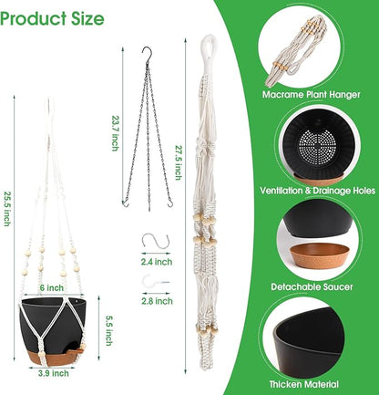 Hanging Planters for Indoor Outdoor Plants, 2 Pack Self Watering Hanging Pots, Hanging Plant Baskets with Drainage Holes & 2 Types of Plant Hangers (Black, 6'')