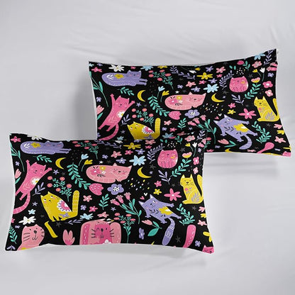Floral Cat Comforter King Size,Black Cats Comforter Set for Kids Teens Girls,3Pcs Bedding Set Printed Comforter with 2 Pillowcases,Down Alternative,Soft and Lightweight(Black，King Size)