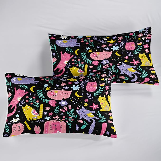 Floral Cat Comforter Queen Size,Black Cats Comforter Set for Kids Teens Girls,3Pcs Bedding Set Printed Comforter with 2 Pillowcases,Down Alternative,Soft and Lightweight(Black，Queen Size)