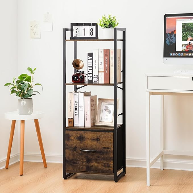 Yoobure Bookshelf, 4 Tier Book Shelf with Drawer, Small Bookcase Narrow Book Case, Industrial Bookshelves Shelf for Bedroom Living Room Office, Book Storage Organizer for CD/Movie Rustic Brown