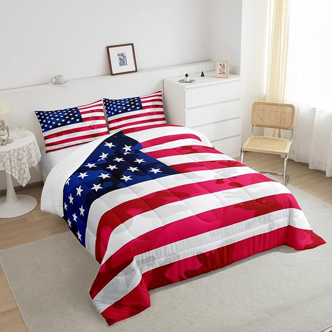 Feelyou American Flag Bedding Set Camouflage USA Flag Comforter Set Army Camo Flag Comforter Blue Red and White Stars Down Alternative Comforter for All Season Room Decor Twin Size