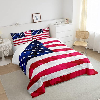 Feelyou American Flag Bedding Set Camouflage USA Flag Comforter Set Army Camo Flag Comforter Blue Red and White Stars Down Alternative Comforter for All Season Room Decor Twin Size