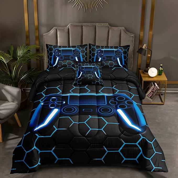 6 Pieces Gaming Bedding Set for Boys Gamer Comforter Set Queen Size,Game Controller Comforter for Boys Kids Teen 3D Gamepad Microfiber Bedding Sets 6 Pieces Bed in A Bag Sets H50022,Queen
