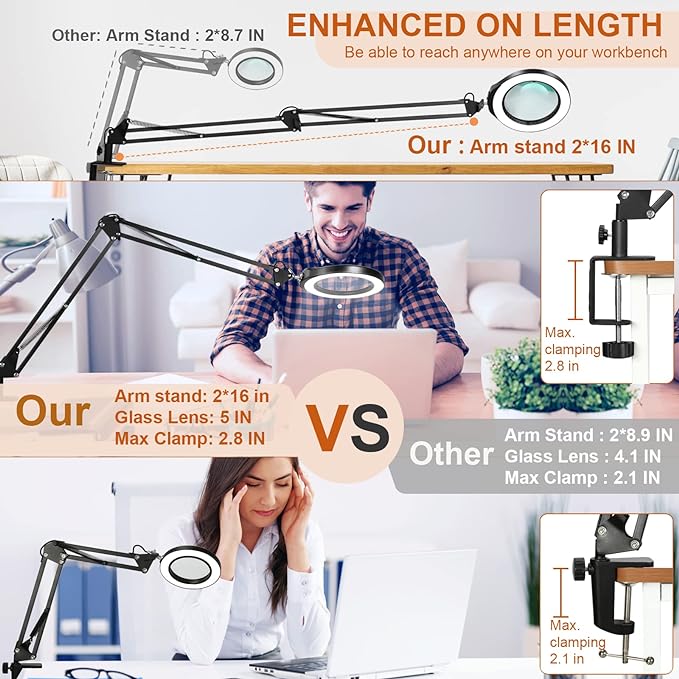 VEEMAGNI 5 Inch Large Magnifying Glass with Light and Stand, 5 Color Modes Stepless Dimmable, 2*16 Inch Swivel Arm LED Clamp Desk Lamp, Hands Free 8X Lighted Magnifier for Close Work Crafts Soldering