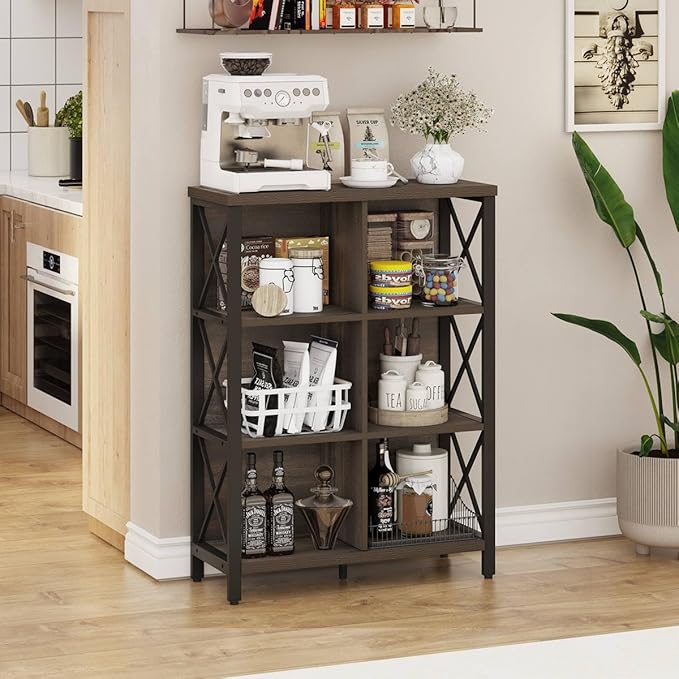 FATORRI 6 Cube Storage Organizer Shelf, Rustic Wood and Metal Cubby Bookcase, Industrial 4 Tier Cube Bookshelf (Walnut Brown)