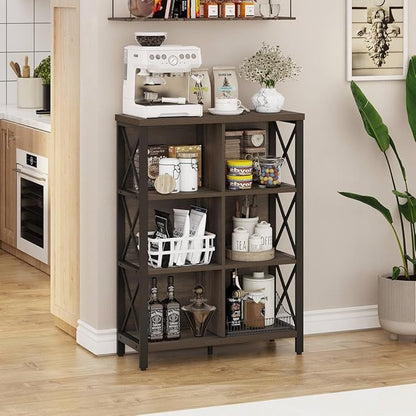 FATORRI 6 Cube Storage Organizer Shelf, Rustic Wood and Metal Cubby Bookcase, Industrial 4 Tier Cube Bookshelf (Walnut Brown)