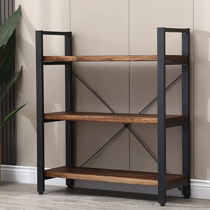 3 Tier Bookcase, Solid Wood Bookshelf Rustic Vintage Industrial Etagere Bookcase, Metal and Wood Free Vintage Bookshelf, Retro Brown (Real Wood) (3-Tier)