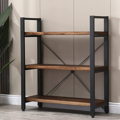 3 Tier Bookcase, Solid Wood Bookshelf Rustic Vintage Industrial Etagere Bookcase, Metal and Wood Free Vintage Bookshelf, Retro Brown (Real Wood) (3-Tier)