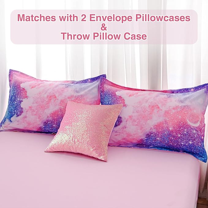 A Nice Night Galaxy Bedding Sets Outer Space Comforter 3D Printed Space Quilt Set Full 6Pcs Glitter Pink,for Children Boy Girl Teen Kids