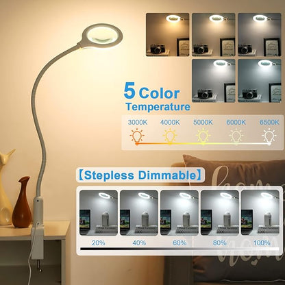 26" Gooseneck Magnifying Lamp with Clamp, 5 Color Modes Stepless Dimmable LED Desk Light with Magnifying Glass, 8X Real Glass Lighted Magnifier Hands Free for Painting Close Work Craft Hobby