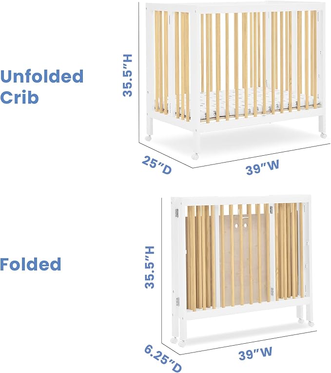 Delta Children Mia Portable Folding Mini Crib with 1.5-Inch Mattress - Greenguard Gold Certified, Bianca White/Natural