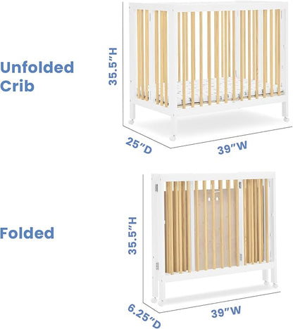 Delta Children Mia Portable Folding Mini Crib with 1.5-Inch Mattress - Greenguard Gold Certified, Bianca White/Natural