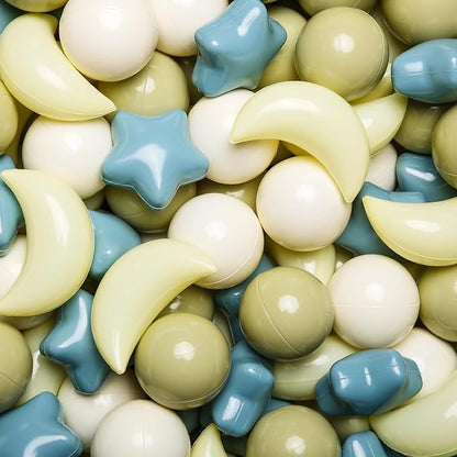 GOGOSO Ball Pit Balls Stars Moon Shapes Plastic Pitballs for Toddler Play Tent Baby Photo Props Kids Pool Water Toys Kiddie Pool Party Decor, Cream Blue+Yellow+Green+White,100PCS