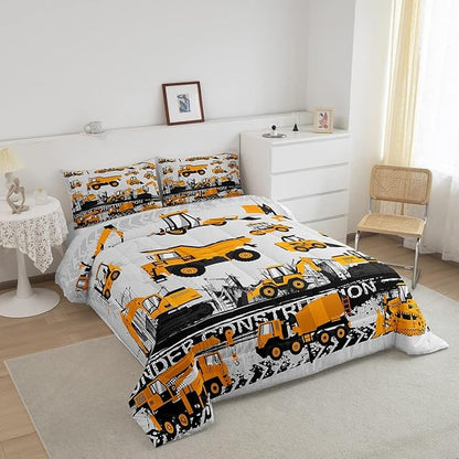 Under Construction Comforter Set Vehicles Truck Car Bedding Set for Kids Boys Girls Children Cartoon Excavator Comforter Room Decor Machinery Bulldozer Crane Duvet Set Full Size