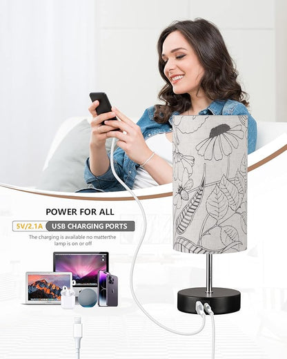 Touch Control Desk Lamp with 2 USB Ports, 3-Way Dimmable Bedside Lamp for Bedroom, Nightstand Lamp with Round Flower Fabric Shade for Living Room, Home Office (secret-single)