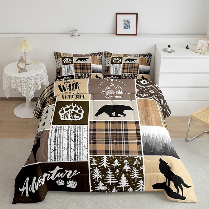 Rustic Farmhouse Kids Comforter Set Queen Size,Deer Antlers Bear Paws Plaids Patchwork Bedding Set for Boys Girls Adults Room Decor,Pine Trees Xmas Down Comforter,Brown Duvet Insert,2 Pillowcases
