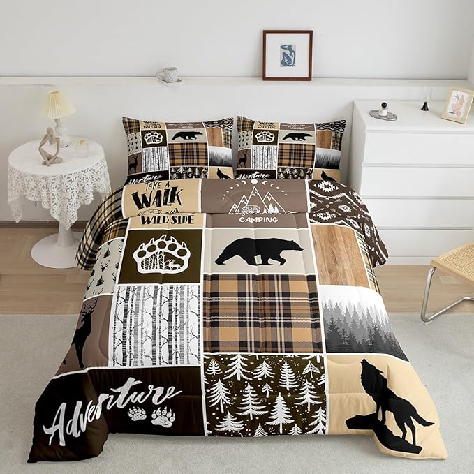 Rustic Farmhouse Kids Comforter Set Twin Size,Deer Antlers Bear Paws Plaids Patchwork Bedding Set for Boys Girls Adults Room Decor,Pine Trees Xmas Down Comforter,Brown Duvet Insert,1 Pillowcase