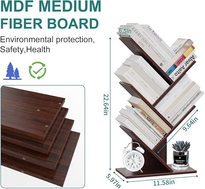 Tree Bookshelf, 5 -Tier Book Storage Organizer Shelves Floor Standing Bookcase, Wood Storage Rack for Office Home School Shelf Display for Cd/Magazine (Dark Walnut)