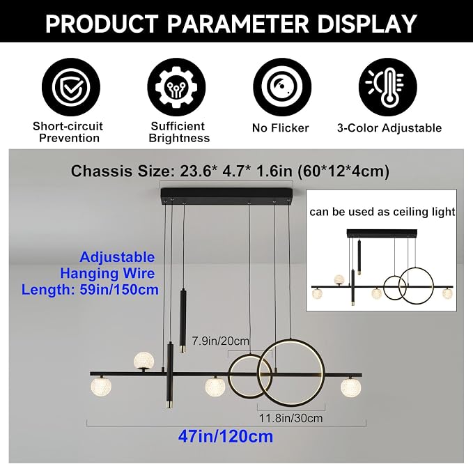 ORANOOR Modern LED Pendant Lights, Dimmable 47inch Linear LED Chandelier | Upgraded Black & Gold Dining Room Hanging Light Fixtures Kitchen Island Globe Pendant Lighting for Dining Table (4200lm)