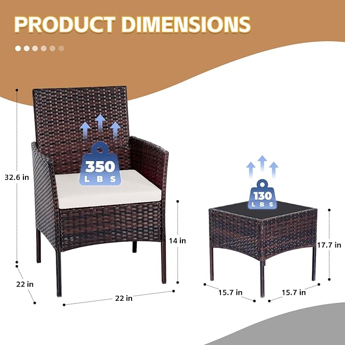 Patio Furniture Set 3 Pieces All-Weather Rattan Outdoor Furniture Patio Chairs with Tempered Glass Table for Porch Bistro Balcony Bistro Set(Brown/Beige-2)