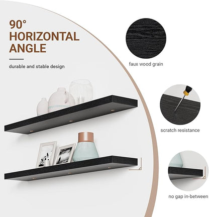 Heimlove Floating Shelves for Wall 48 Inches Long,9.3" Deep Black Floating Shelf Set of 2,Wall Mounted Wood Shelves for Bathroom Bedroom Living Room Kitchen Office,Shelf for Books Storage Room Decor
