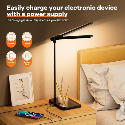 RealPlus Desk Lamp with USB Charging Port & 【Adapter】, 17IN Tall LED Desk Lamps for Home Office, 10W Double Head Desk Lamp with Pen Holder, Memory Function/10 Brightness/5 Colors/Reading Mode/Timer