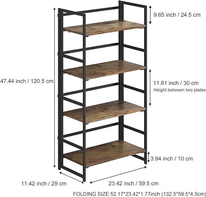 No-Assembly Folding Bookshelf Storage Shelves 4 Tiers Vintage Multifunctional Plant Flower Stand Storage Rack Shelves Bookcase for Home Office (Firestone and Black)