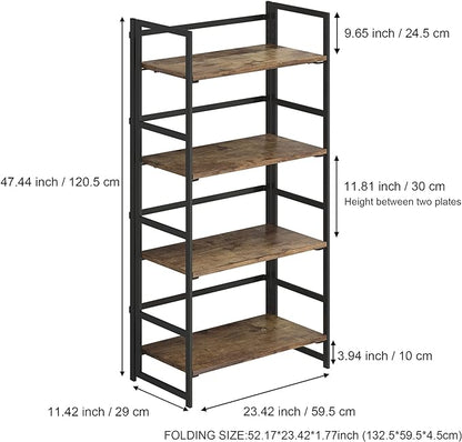 No-Assembly Folding Bookshelf Storage Shelves 4 Tiers Vintage Multifunctional Plant Flower Stand Storage Rack Shelves Bookcase for Home Office (Firestone and Black)