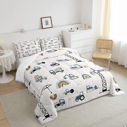 Toddler Cute Cars Bedding Set Cartoon Excavator Kids Comforter Set Boys Construction Vehicles Comforter Equipment Trucks Duvet Set Rainbow Room Decor Tractor Quilt Set Twin Size With 1 Pillow Case