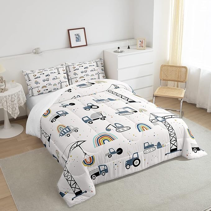 Toddler Cute Cars Bedding Set Cartoon Excavator Kids Comforter Set Boys Construction Vehicles Comforter Equipment Trucks Duvet Set Rainbow Room Decor Tractor Quilt Set Queen Size With 2 Pillow Case