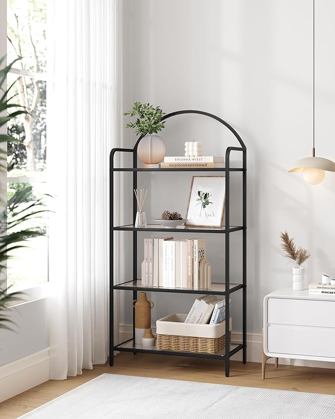 Bookcase Bookshelf, Tempered Glass Bookshelves, Slim Shelving Unit for Bedroom, Bathroom, Home Office, Steel Frame, 4 Tier Black BC21499B